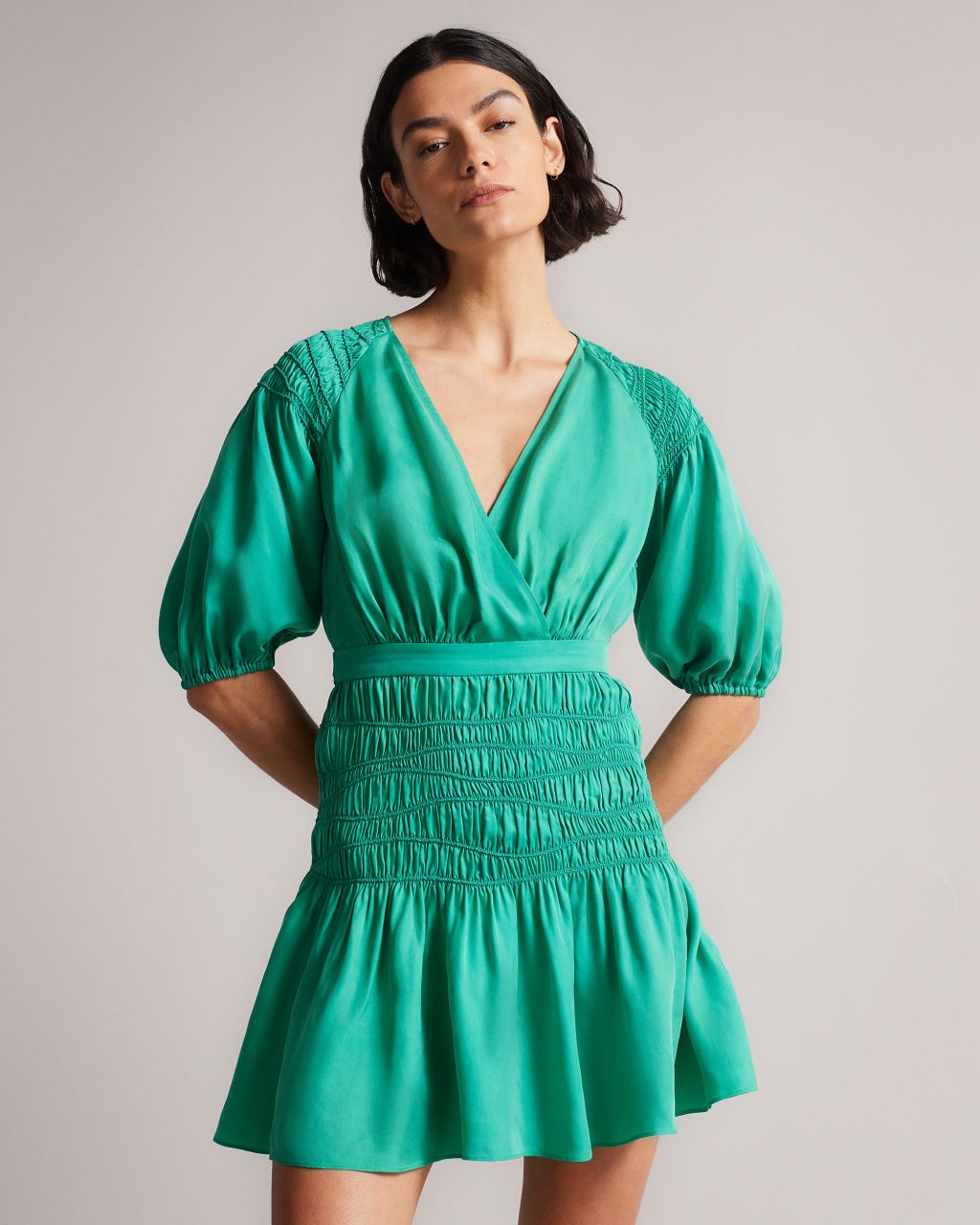Ted Baker Women's Smock Panel Wrap Mini Dress in Medium Green, Taluna